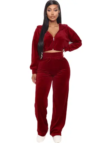 Conjuntos de Veludo em 2 Peças para Mulheres, Roupas de Primavera 2026, Top com Capuz e Calças, Conjuntos Casuais de Velour