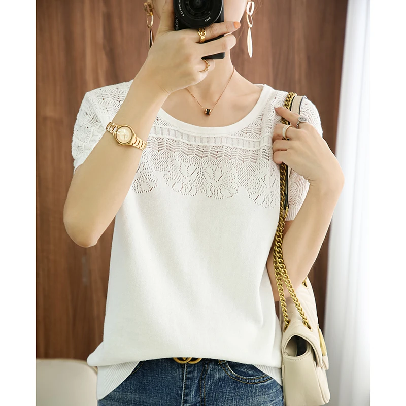 Women's T-shirt Summer 100% Cotton Sweater Short Sleeve Casual Solid Round Neck Ladies Tops Loose Blouse Pullover Hollow Tees
Women's T-shirt Summer 100% Cotton Sweater Short Sleeve Casual Solid Round Neck Ladies Tops Loose Blouse Pullover Hollow Tees