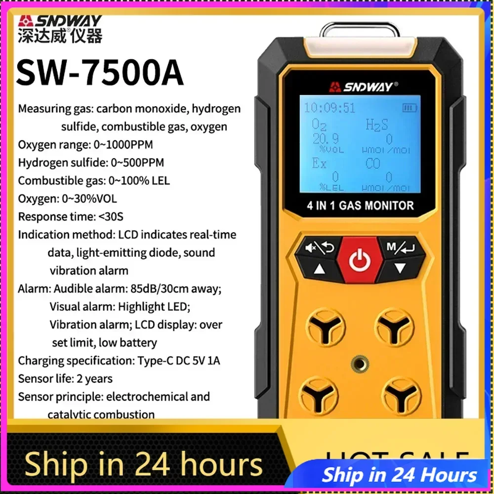 Hot Sales SNDWAY SW-7500A 4 In 1 Gas Detector O2 Ex H2S CO Four Alarm Oxygen Carbon Monoxide Combustible Gas Analyzer Meter
Hot Sales SNDWAY SW-7500A 4 In 1 Gas Detector O2 Ex H2S CO Four Alarm Oxygen Carbon Monoxide Combustible Gas Analyzer Meter