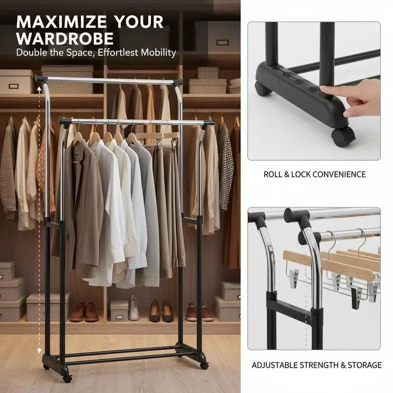 Rolling Clothes Rack Double Rod Garment Rack with Adjustable Height
Rolling Clothes Rack Double Rod Garment Rack with Adjustable Height