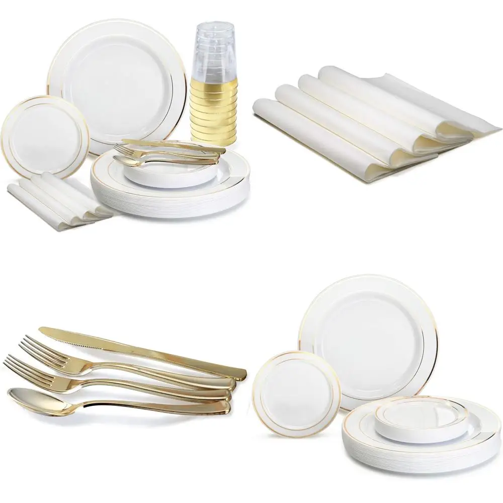Disposable Plastic Plate Set for 25 Guests - Heavyweight Wedding Party, 175 Pieces Including 10.5 and 6.25 Plates with Gold Silv
Disposable Plastic Plate Set for 25 Guests - Heavyweight Wedding Party, 175 Pieces Including 10.5 and 6.25 Plates with Gold Silv
