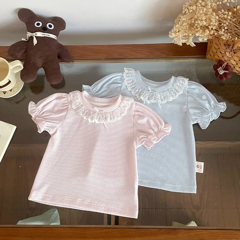 Girls' puff-sleeve T-Shirt lace trim and ruffled collar Girls summer clothing
Girls' puff-sleeve T-Shirt lace trim and ruffled collar Girls summer clothing