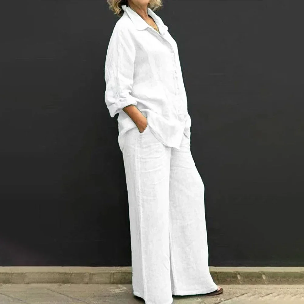 Women Lapel Two Pieces Set Button Solid Long Sleeved Blouse Loose Shirt Straight Pants Casual Suits Casual Korean Women's Shirt
Women Lapel Two Pieces Set Button Solid Long Sleeved Blouse Loose Shirt Straight Pants Casual Suits Casual Korean Women's Shirt