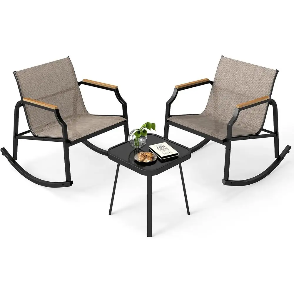 Brown Outdoor Patio Rocking Bistro Set with Metal Rockers and Tempered Glass Table
Brown Outdoor Patio Rocking Bistro Set with Metal Rockers and Tempered Glass Table