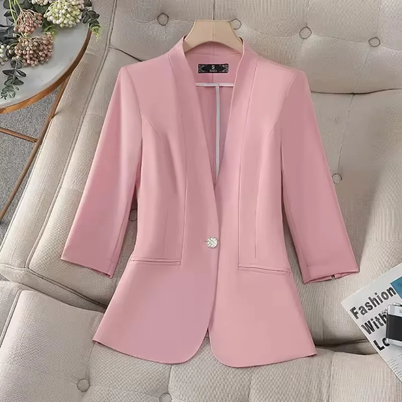 Women Blazers Spring Summer Solid Collarless Single Button Seven Quarter Sleeve Suit Jacket Ladies Professional Office Suit Coat
Women Blazers Spring Summer Solid Collarless Single Button Seven Quarter Sleeve Suit Jacket Ladies Professional Office Suit Coat