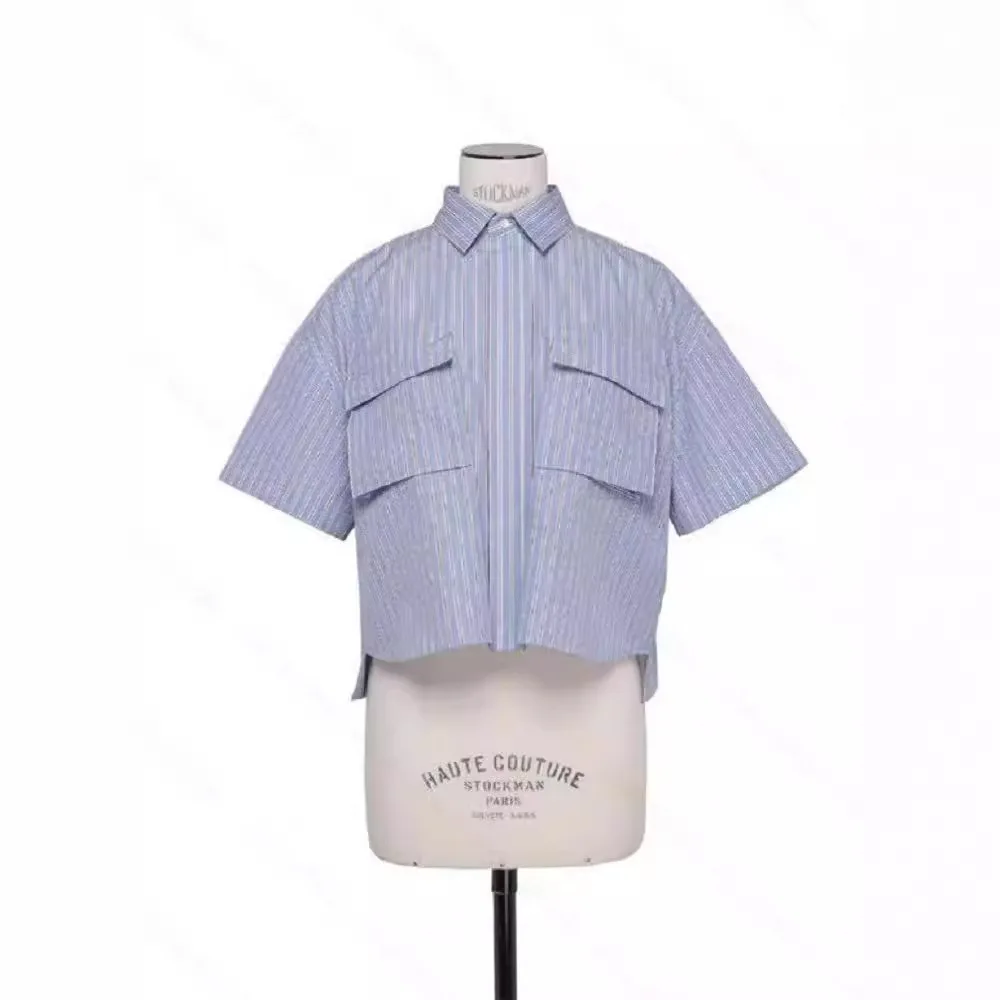 2025 spring and summer new lapel large pocket casual loose striped shirt simple short-sleeved blouse
2025 spring and summer new lapel large pocket casual loose striped shirt simple short-sleeved blouse