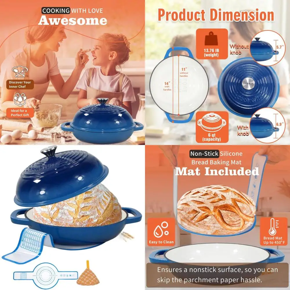 6-Quart Dutch Oven & Bread Sourdough Baking Kit with Lid, Ideal for Stews, Roasts, and Family Meals, Blue
6-Quart Dutch Oven & Bread Sourdough Baking Kit with Lid, Ideal for Stews, Roasts, and Family Meals, Blue