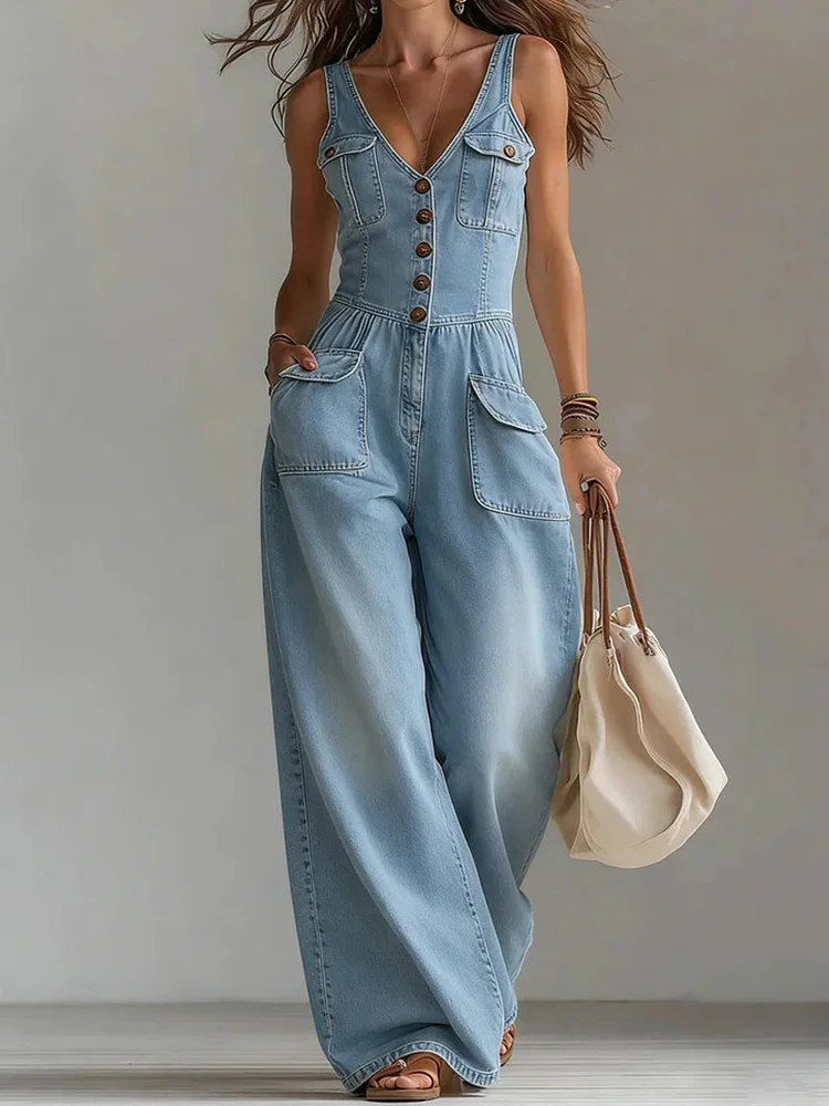 Sleeveless Button Patchwork Chic Jumpsuit, Women Summer Solid Holiday Simple Playsuit, 2026 V Neck Wid Leg Pants Ladies Overalls
Sleeveless Button Patchwork Chic Jumpsuit, Women Summer Solid Holiday Simple Playsuit, 2026 V Neck Wid Leg Pants Ladies Overalls