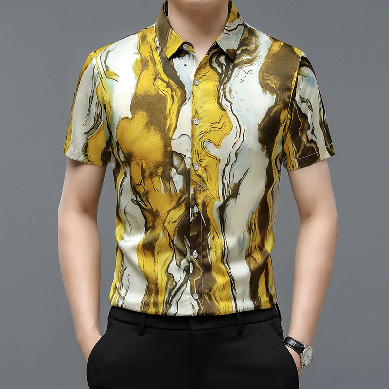New Mens Luxury Silk Tops 2023 Summer Patchwork Colors Clothing Short Sleeve Male Soft Silk Blouse Fashion Dress Shirt
New Mens Luxury Silk Tops 2023 Summer Patchwork Colors Clothing Short Sleeve Male Soft Silk Blouse Fashion Dress Shirt