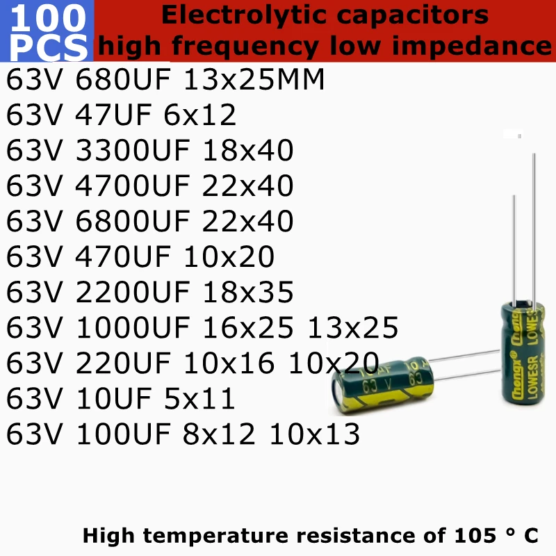 100PCS High frequency low impedance electrolytic capacitor 63V 680UF 47UF 3300UF 4700UF 6800UF 470UF 2200UF 1000UF 220/10/100uF
100PCS High frequency low impedance electrolytic capacitor 63V 680UF 47UF 3300UF 4700UF 6800UF 470UF 2200UF 1000UF 220/10/100uF
