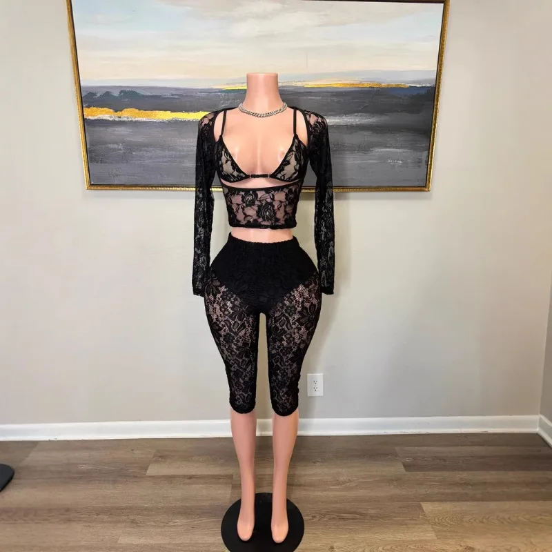 Women Sexy See Through Lace 2 Piece Set Hollow Out Bra Long Sleeve Crop Tops + Patchwork Knee Length Pants Night Clubwear Suits
Women Sexy See Through Lace 2 Piece Set Hollow Out Bra Long Sleeve Crop Tops + Patchwork Knee Length Pants Night Clubwear Suits