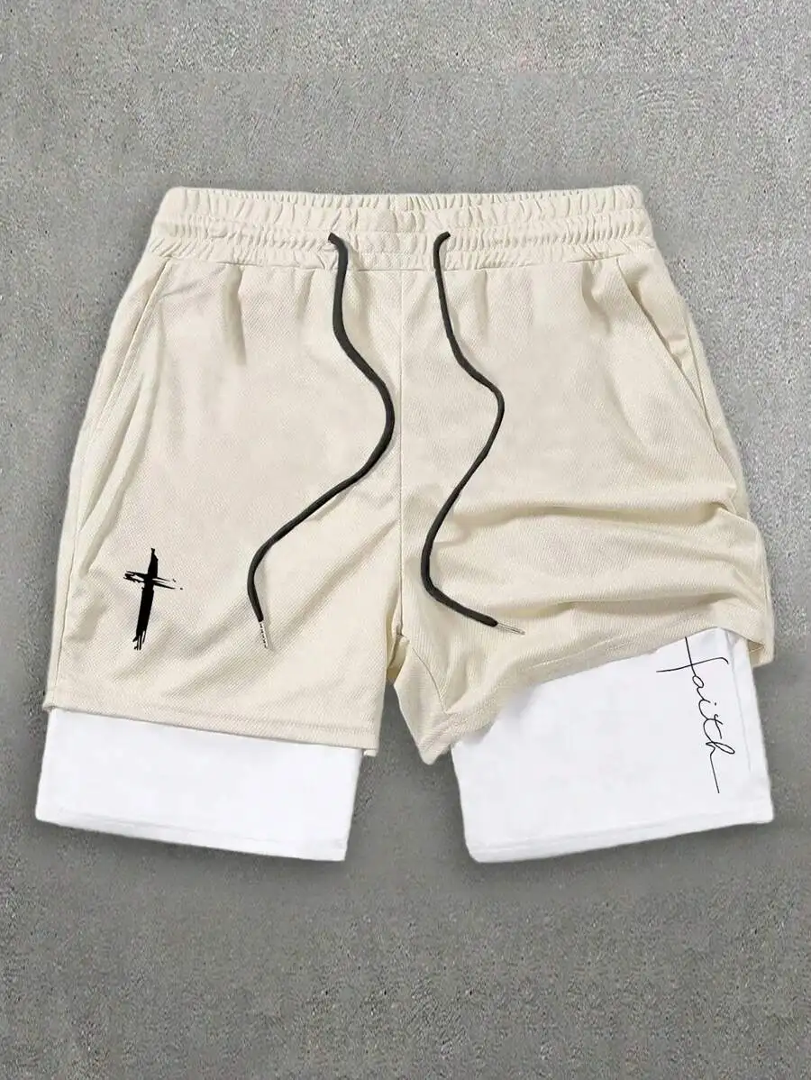 Mens Beige Knit Shorts With Black Cross Graphic And Drawstring Waist
Mens Beige Knit Shorts With Black Cross Graphic And Drawstring Waist