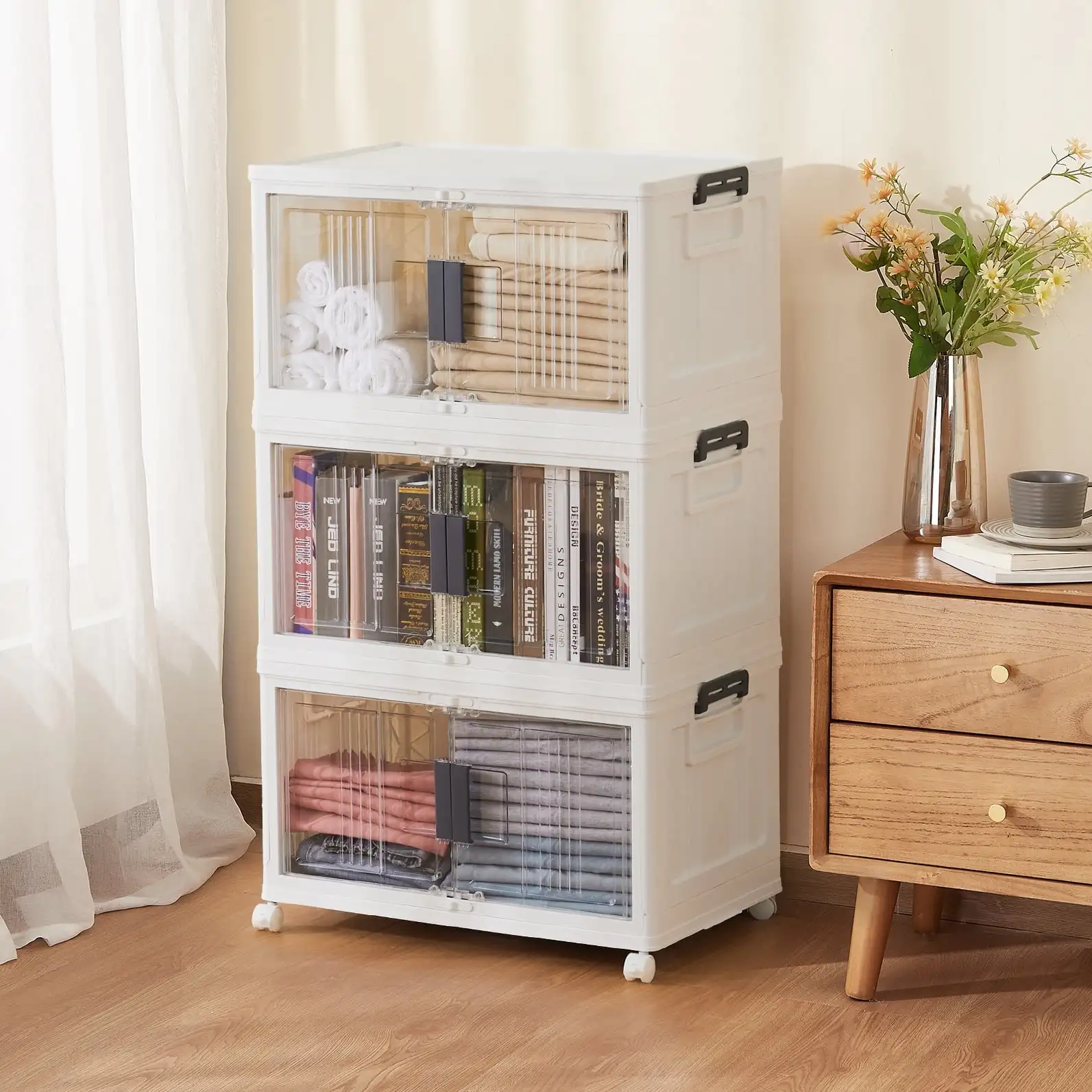 144QT Collapsible Wheeled Stackable Plastic Storage Bins with Lid and Doors, Large Closet Organizers and Containers
144QT Collapsible Wheeled Stackable Plastic Storage Bins with Lid and Doors, Large Closet Organizers and Containers