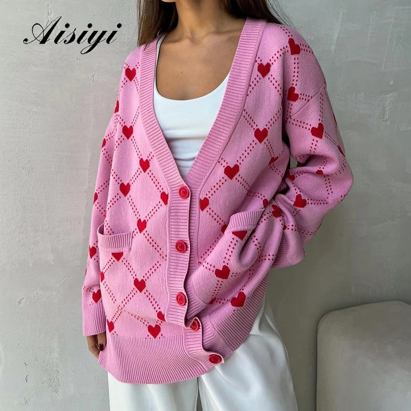 New Women's Oversize Cardigan with Hearts Print Cute Soft V-neck Thin Knitted Jacket Winter Button Vintage Cardigan for Women
New Women's Oversize Cardigan with Hearts Print Cute Soft V-neck Thin Knitted Jacket Winter Button Vintage Cardigan for Women