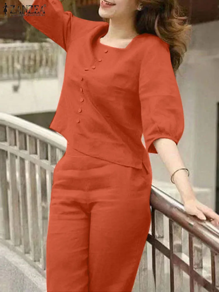 Elegant Summer Matching Sets Women Short Puff Sleeve Blouse Pant Sets ZANZEA 2PCS Solid Solid Work Trousers Suits Tracksuit 2025
Elegant Summer Matching Sets Women Short Puff Sleeve Blouse Pant Sets ZANZEA 2PCS Solid Solid Work Trousers Suits Tracksuit 2025