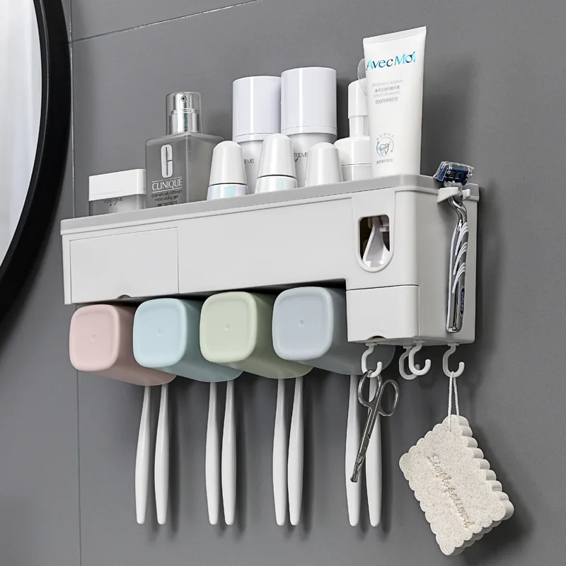 Bathroom Countertop Storage Tray, Suction Wall Mounted Toothbrush Holder with Slot and Vertical Toothpaste Dispenser 
Bathroom Countertop Storage Tray, Suction Wall Mounted Toothbrush Holder with Slot and Vertical Toothpaste Dispenser