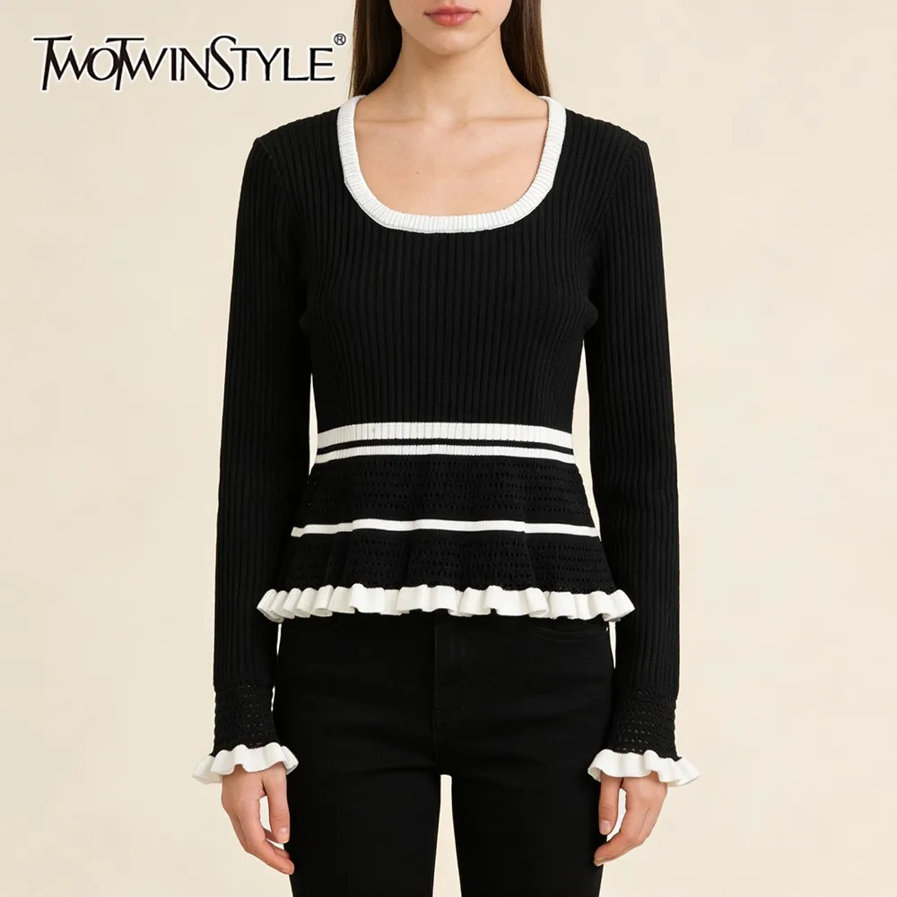 TWOTWINSTYLE Vintage Knitting Sweater for Women Square Collar Long Sleeve Spliced Ruffles French Casual Slim Striped Top Female
TWOTWINSTYLE Vintage Knitting Sweater for Women Square Collar Long Sleeve Spliced Ruffles French Casual Slim Striped Top Female