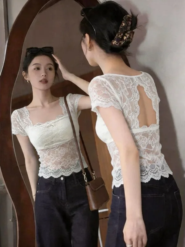 Pure Desire Lace Top Sexy Backless Square Collar Slim Fit White Short Sleeve T-Shirt Women Summer Base Shirt Versatile Style
Pure Desire Lace Top Sexy Backless Square Collar Slim Fit White Short Sleeve T-Shirt Women Summer Base Shirt Versatile Style