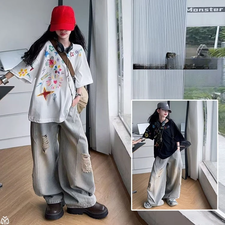 teen girls hole Jeans junior kid cotton flowen t-shirt 4-14 child big Ripped Wide leg pants Casual tops trousers clohtes outfits
teen girls hole Jeans junior kid cotton flowen t-shirt 4-14 child big Ripped Wide leg pants Casual tops trousers clohtes outfits