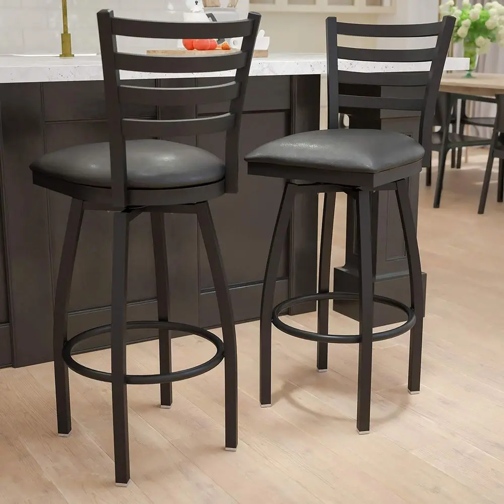 Black Ladder Back Swivel Barstool with Metal Frame and Black Vinyl Seat
Black Ladder Back Swivel Barstool with Metal Frame and Black Vinyl Seat