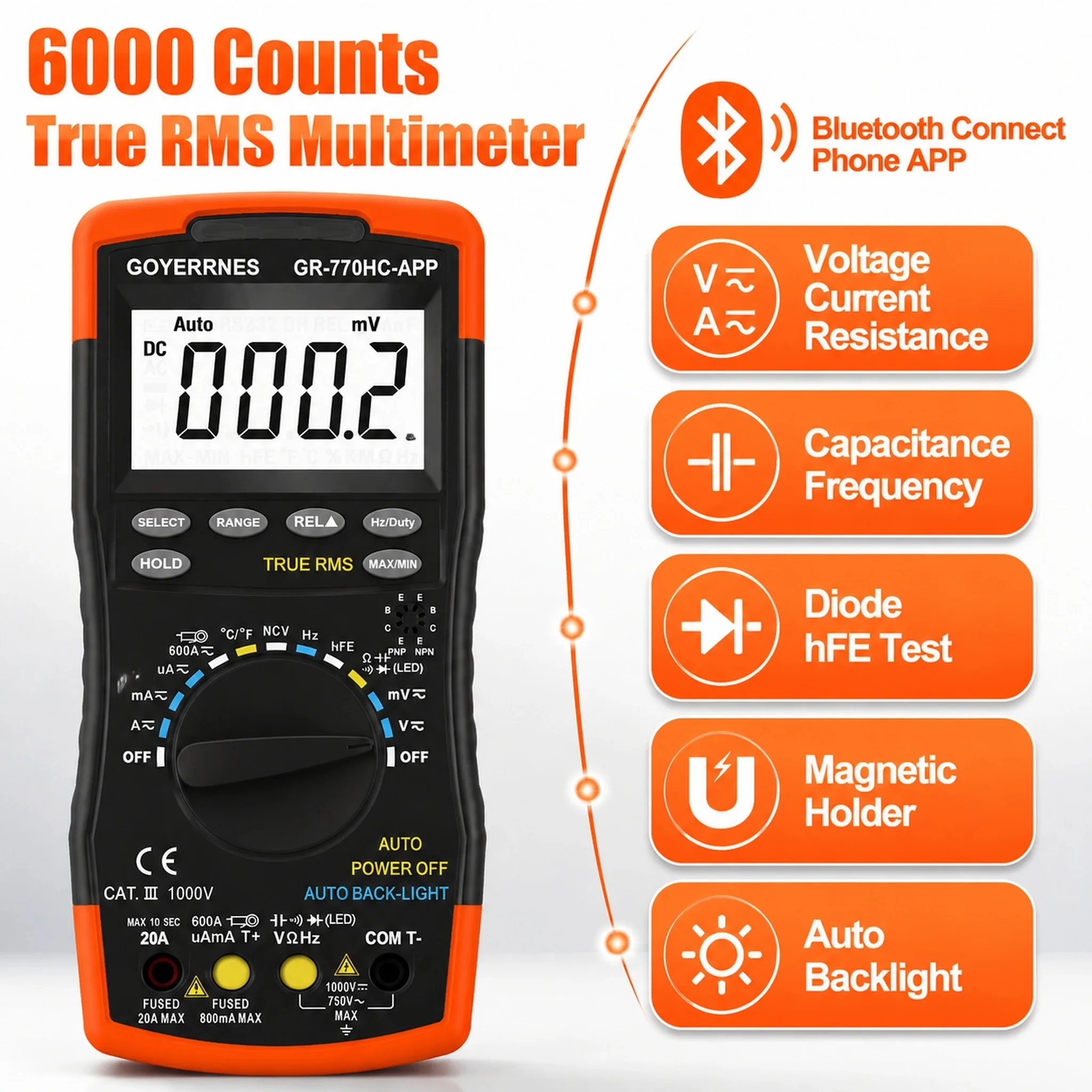 HoldPeak 770HC-APP True RMS Digital Multimeter Auto Range NCV Bluetooth APP Duty Cycle Frequency Capacitance Temp for HVAC
HoldPeak 770HC-APP True RMS Digital Multimeter Auto Range NCV Bluetooth APP Duty Cycle Frequency Capacitance Temp for HVAC
