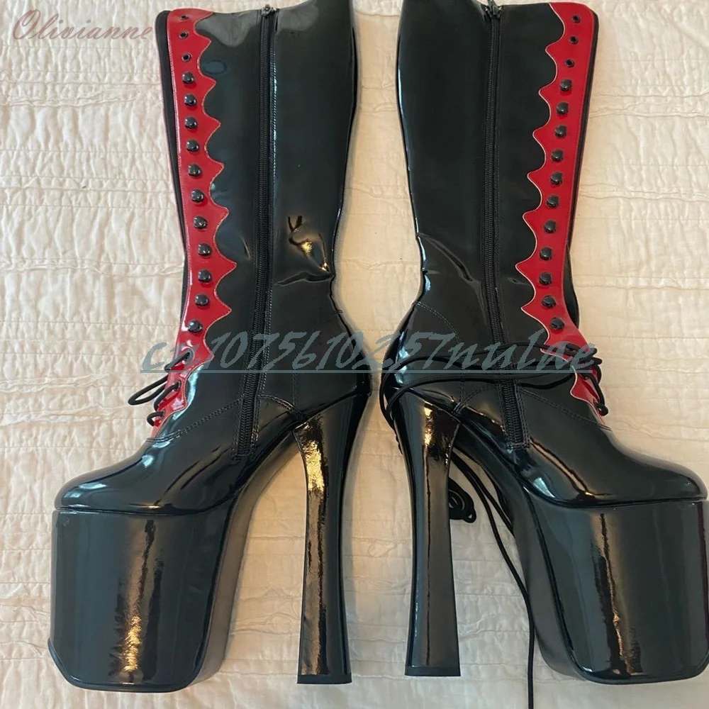 Black and Red Front Lace-up Mid Calf Boots Chunky High Heel Patent Leather Zipper Fashion Women Shoes 2025 Zapatos Para Mujere 
Black and Red Front Lace-up Mid Calf Boots Chunky High Heel Patent Leather Zipper Fashion Women Shoes 2025 Zapatos Para Mujere