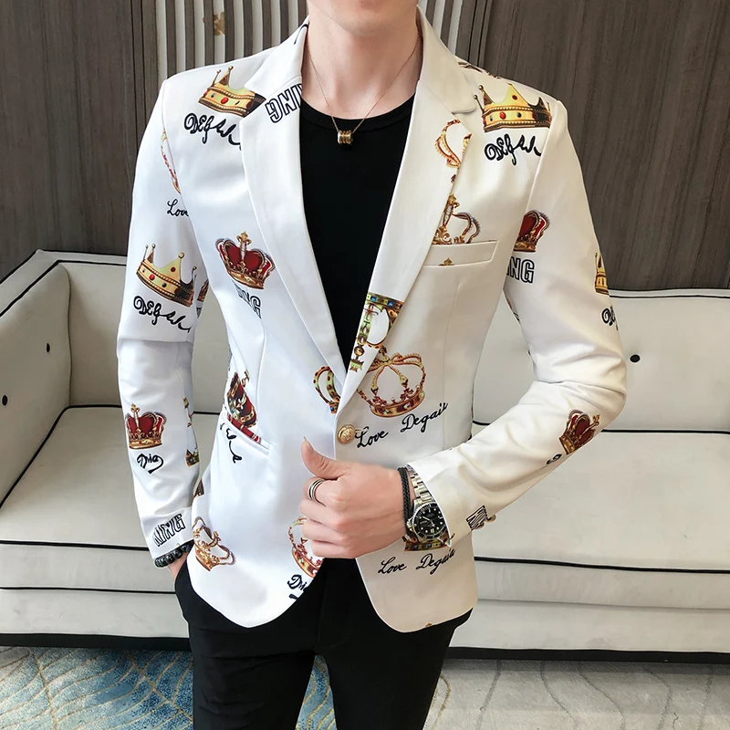 Crown Printing Mens Blazers Wedding Busines Casual Slim Tuxedo Spring Party Stage Formal Dress Suit Jacket Male Clothing
Crown Printing Mens Blazers Wedding Busines Casual Slim Tuxedo Spring Party Stage Formal Dress Suit Jacket Male Clothing