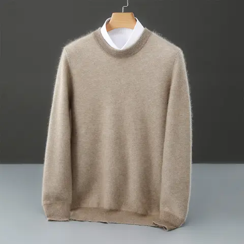 New Autumn Winter Men's Round Neck Pullover Sweater 100% Merino Wool Knitted Sweater Casual Striped Sweater Warm Men's Clothing