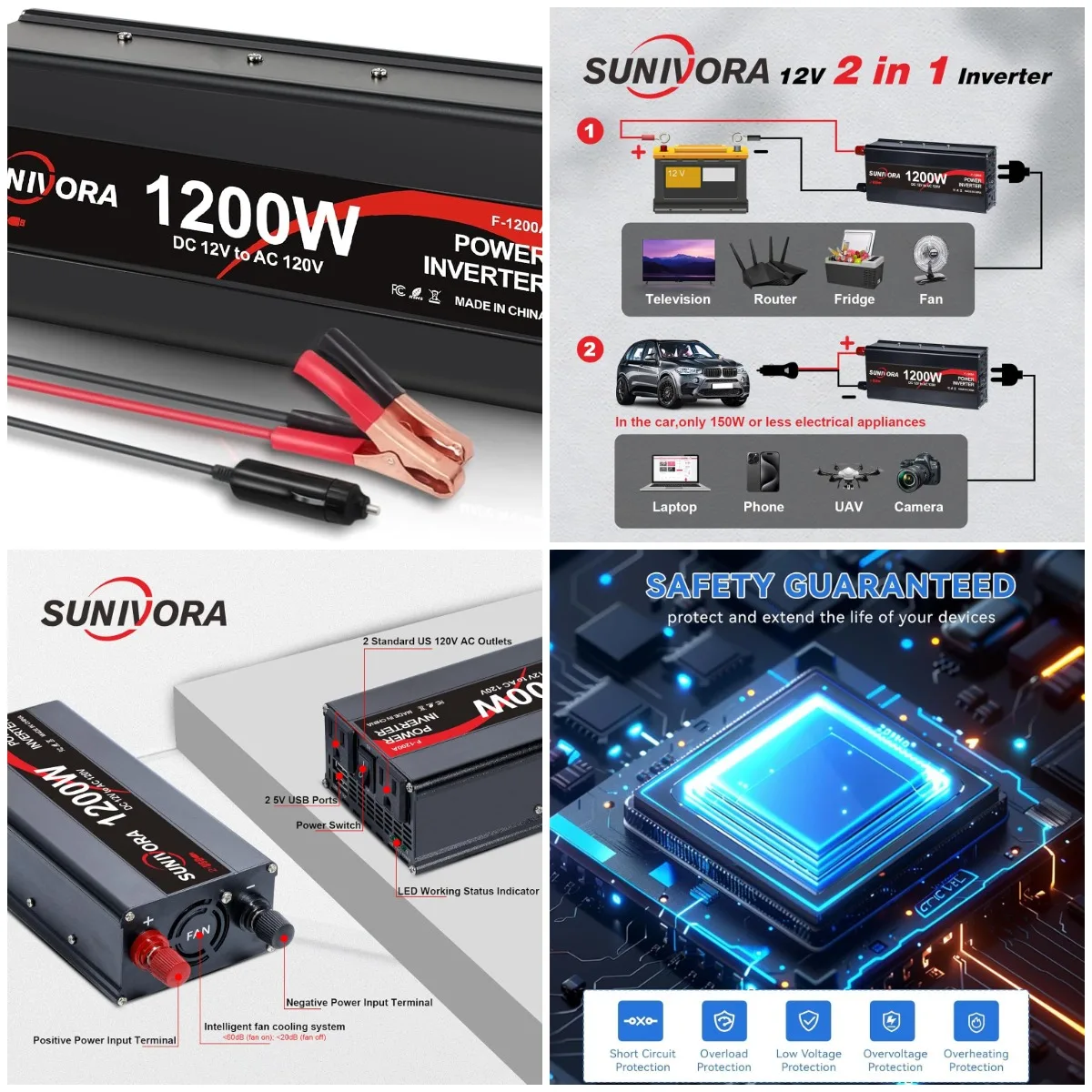 Инвертор 1200 Вт от 12 В до 110 В/120 В переменного тока, 60 Гц, пиковая мощность 2400 Вт, автомобильный инвертор с 2 розетками переменного тока и двумя портами USB
Инвертор 1200 Вт от 12 В до 110 В/120 В переменного тока, 60 Гц, пиковая мощность 2400 Вт, автомобильный инвертор с 2 розетками переменного тока и двумя портами USB