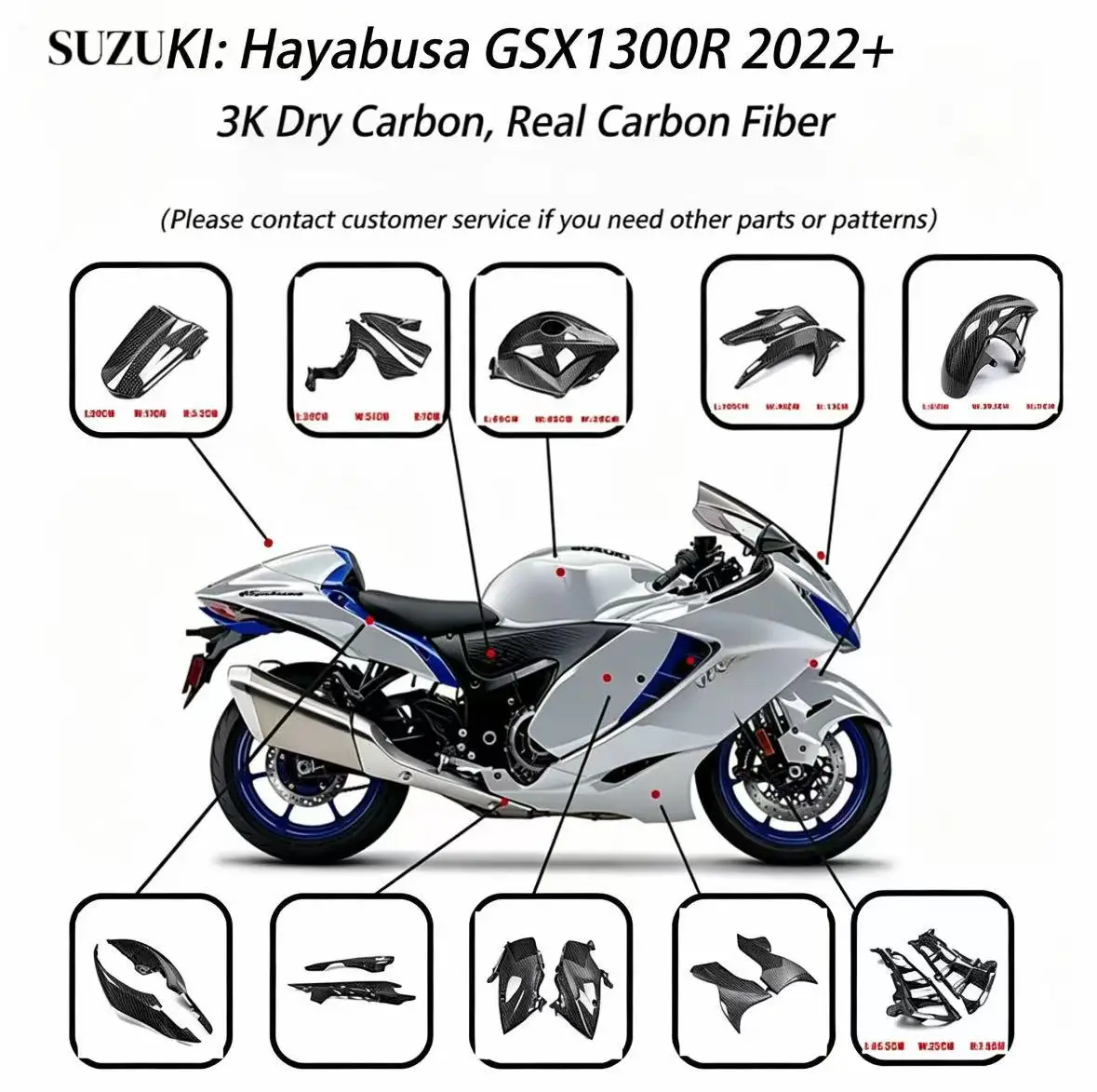 Suitable for Suzuki Hayabusa GSX1300R motorcycle (2022+). Comes with a 3K carbon fiber fairing kit for modification.
Suitable for Suzuki Hayabusa GSX1300R motorcycle (2022+). Comes with a 3K carbon fiber fairing kit for modification.