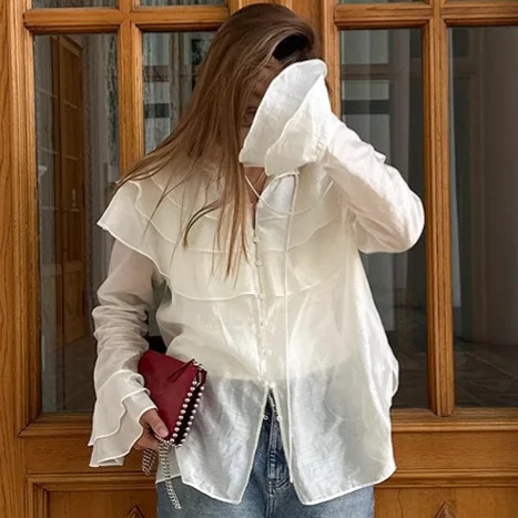 Women Elegant White Lapel Ruffle Shirts Chic Long Flared Sleeve Single Breasted Layered Loose Blouse 2026 Commute Office Top
Women Elegant White Lapel Ruffle Shirts Chic Long Flared Sleeve Single Breasted Layered Loose Blouse 2026 Commute Office Top