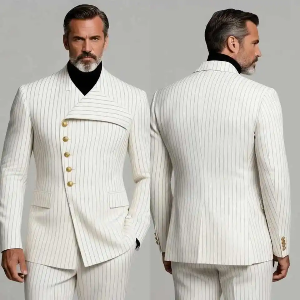 Fashion Stripe Wedding Men Suits 2 Piece Coat Pants Groom Business Suit Irregular Neck Blazer Pants Prom Party Jacket Customized
Fashion Stripe Wedding Men Suits 2 Piece Coat Pants Groom Business Suit Irregular Neck Blazer Pants Prom Party Jacket Customized