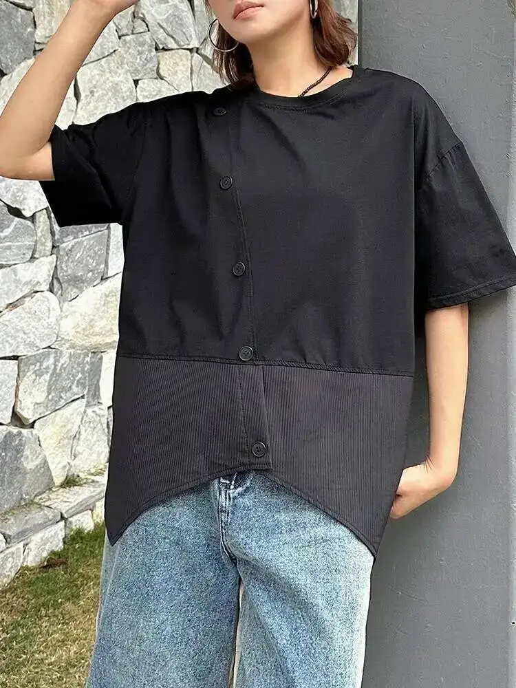 Women Black Irregular Hem Big Size Casual T-shirt New Round Neck Short Sleeve Fashion Tide Spring Summer
Women Black Irregular Hem Big Size Casual T-shirt New Round Neck Short Sleeve Fashion Tide Spring Summer