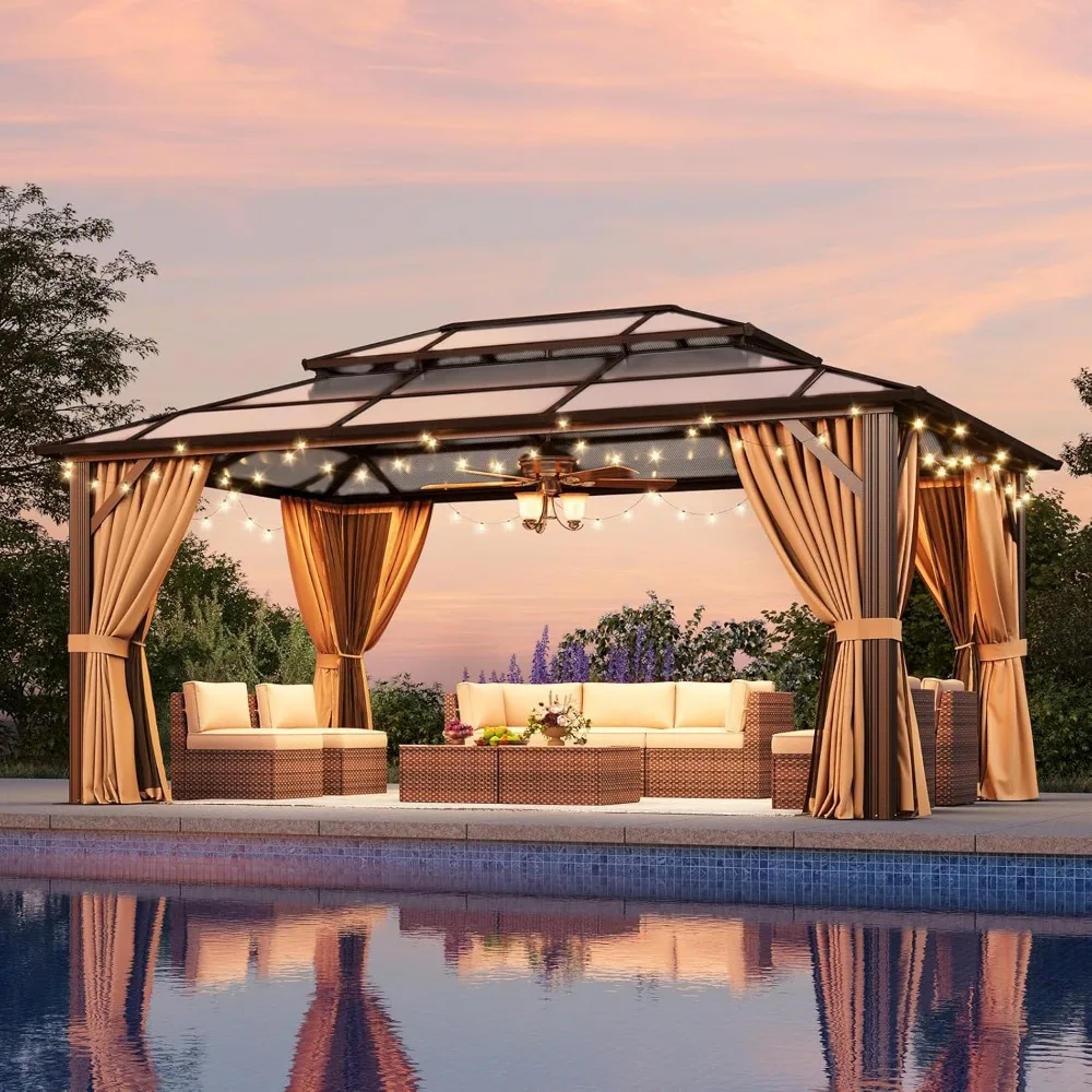 12'x16' Hardtop Gazebo, Aluminum Frame Permanent Pavilion with Netting and Curtains, Outdoor Polycarbonate Double Roof
12'x16' Hardtop Gazebo, Aluminum Frame Permanent Pavilion with Netting and Curtains, Outdoor Polycarbonate Double Roof