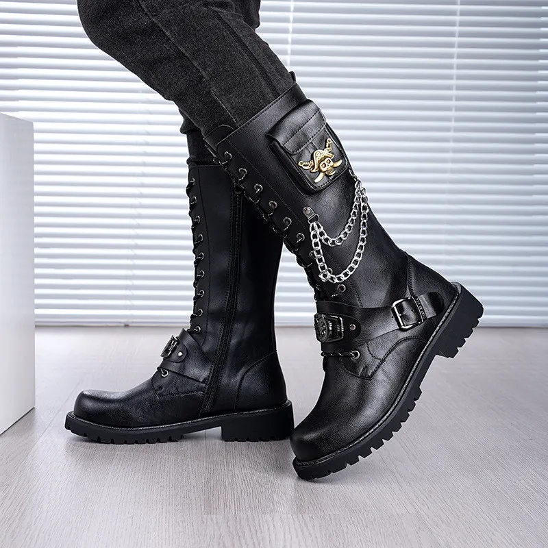 Luxury Quality Men's Punk Gothic Boots High Top Leather Combat Boots Chunky Sole Chain Decor Lace Up Stage Boots Trendy Footwear
Luxury Quality Men's Punk Gothic Boots High Top Leather Combat Boots Chunky Sole Chain Decor Lace Up Stage Boots Trendy Footwear