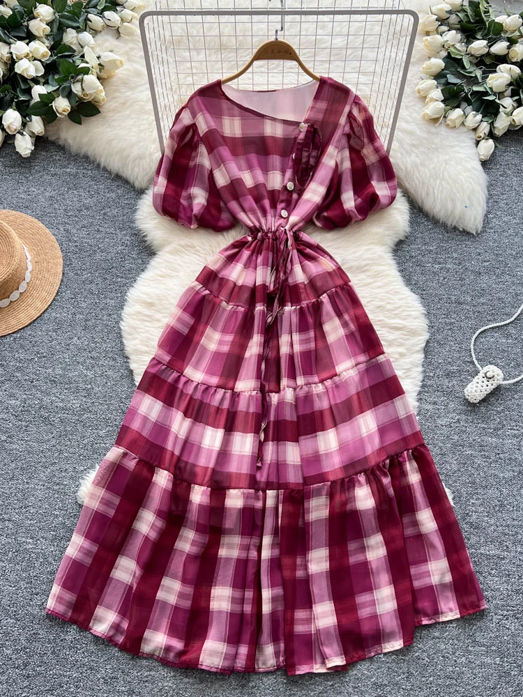 Summer Women's Plaid Short Sleeved Dress New Fashion French Vacation Elegant Forest Plaid Long Dress Female J10
Summer Women's Plaid Short Sleeved Dress New Fashion French Vacation Elegant Forest Plaid Long Dress Female J10