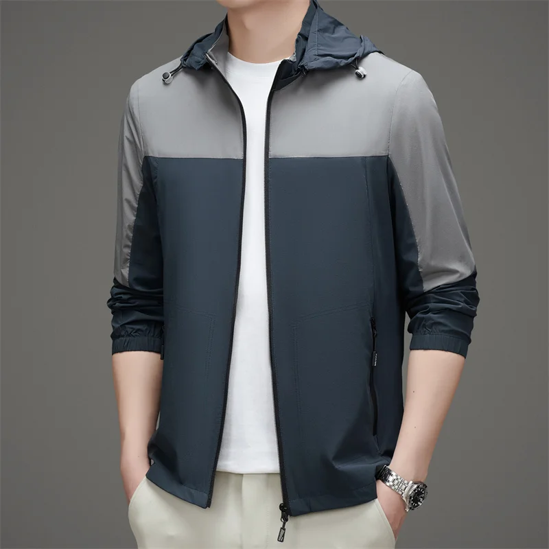 Summer Men Gray Blue Patchwork Colour Lightweight Jacket Quick-Dry Tech with Stretch Fabric Comfort Outerwear Cosy Hooded Coat
Summer Men Gray Blue Patchwork Colour Lightweight Jacket Quick-Dry Tech with Stretch Fabric Comfort Outerwear Cosy Hooded Coat