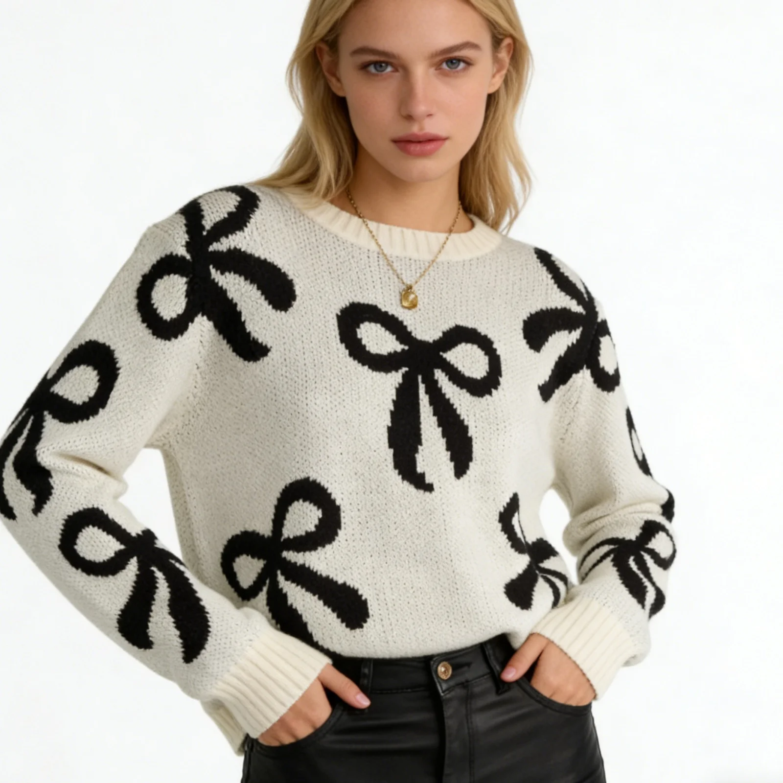 Women’s Casual Loose Knit Pullover Long Sleeve Knitwear Top Autumn Winter Cute Bow Pattern Pink Sweater
Women’s Casual Loose Knit Pullover Long Sleeve Knitwear Top Autumn Winter Cute Bow Pattern Pink Sweater