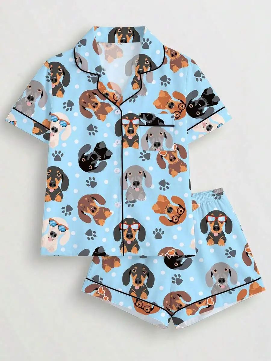 Women 2pcs Pajama Set Cute Dachshund Dog Print Short Sleeve Button Up Shirt And Shorts Comfortable Sleepwear
Women 2pcs Pajama Set Cute Dachshund Dog Print Short Sleeve Button Up Shirt And Shorts Comfortable Sleepwear