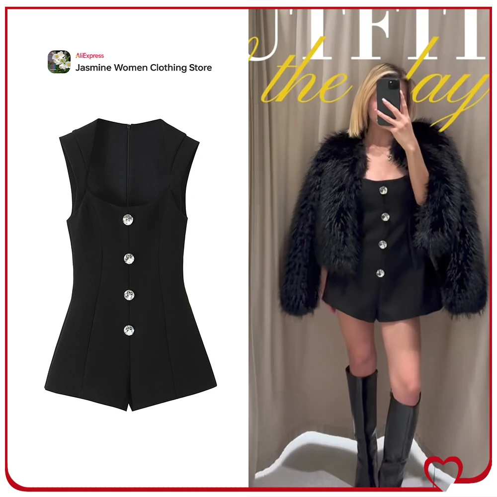 Hot and Sexy Jewel Button Short Jumpsuit for Women Stylish Black Round Neck Short Sleeve Playsuits with Contrasting Jewel Button
Hot and Sexy Jewel Button Short Jumpsuit for Women Stylish Black Round Neck Short Sleeve Playsuits with Contrasting Jewel Button