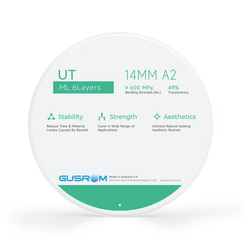 Veneer Ultra Translucent Zirconia Block UT ML 49% Aesthetic Anterior Multilayer Disc 98mm A1 A2 A3 A3.5 for CAD/CAM GUSROM
Veneer Ultra Translucent Zirconia Block UT ML 49% Aesthetic Anterior Multilayer Disc 98mm A1 A2 A3 A3.5 for CAD/CAM GUSROM