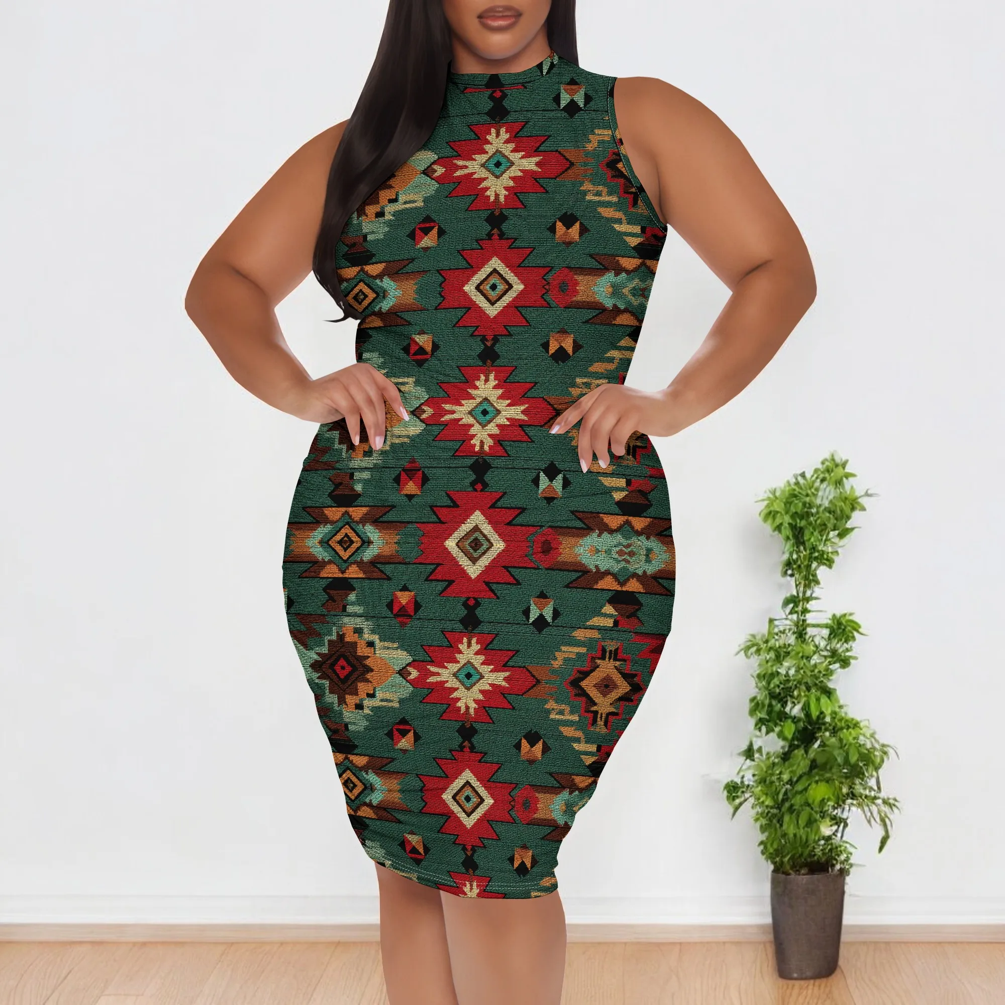 Tribal Aztec Print Bodycon Dress for Women XL-6XL Green Red Sleeveless Midi Style for Afro Streetwear or Cultural Festival Look
Tribal Aztec Print Bodycon Dress for Women XL-6XL Green Red Sleeveless Midi Style for Afro Streetwear or Cultural Festival Look