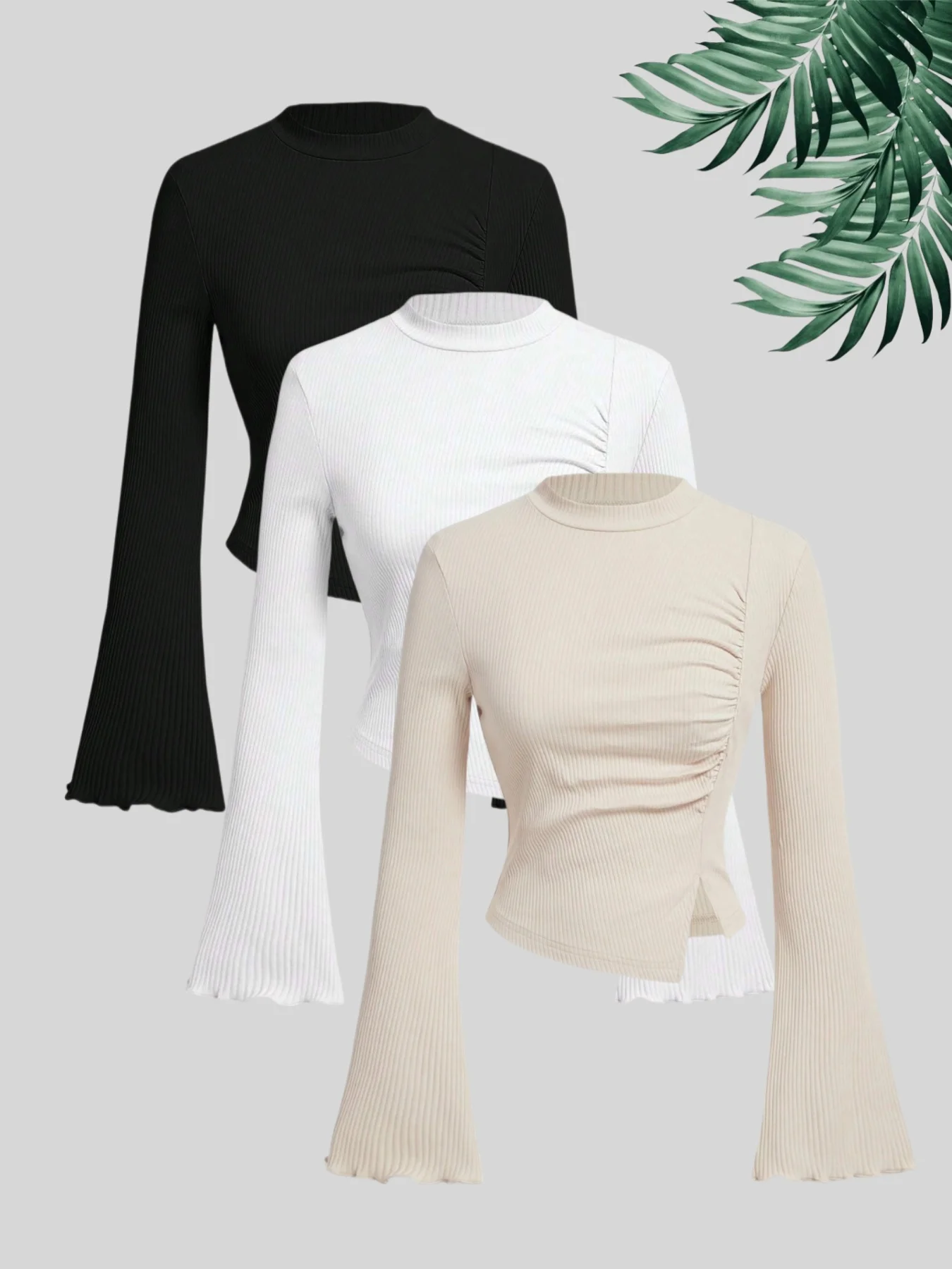 New autumn and winter fashion women's round neck trumpet sleeve slim fit T-shirt three-piece suit
New autumn and winter fashion women's round neck trumpet sleeve slim fit T-shirt three-piece suit