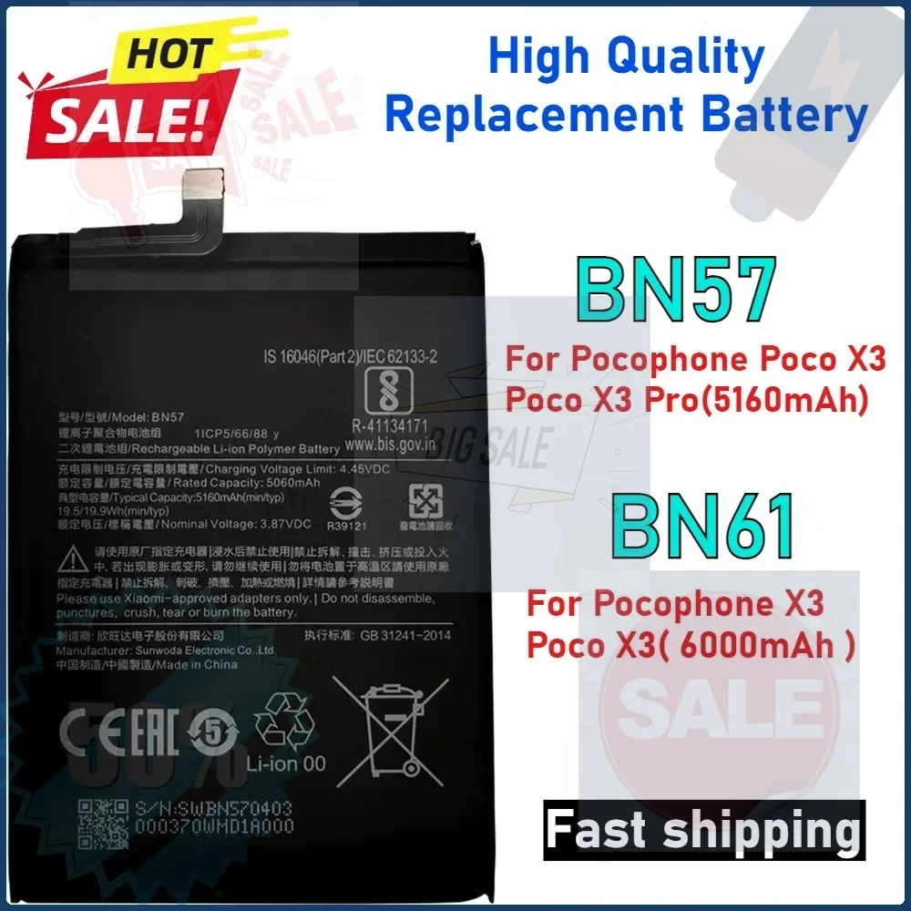 BN57 BN61 Battery For Xiaomi Pocophone X3 Poco X3 Pro NFC Bateria Replacement Batteries
BN57 BN61 Battery For Xiaomi Pocophone X3 Poco X3 Pro NFC Bateria Replacement Batteries