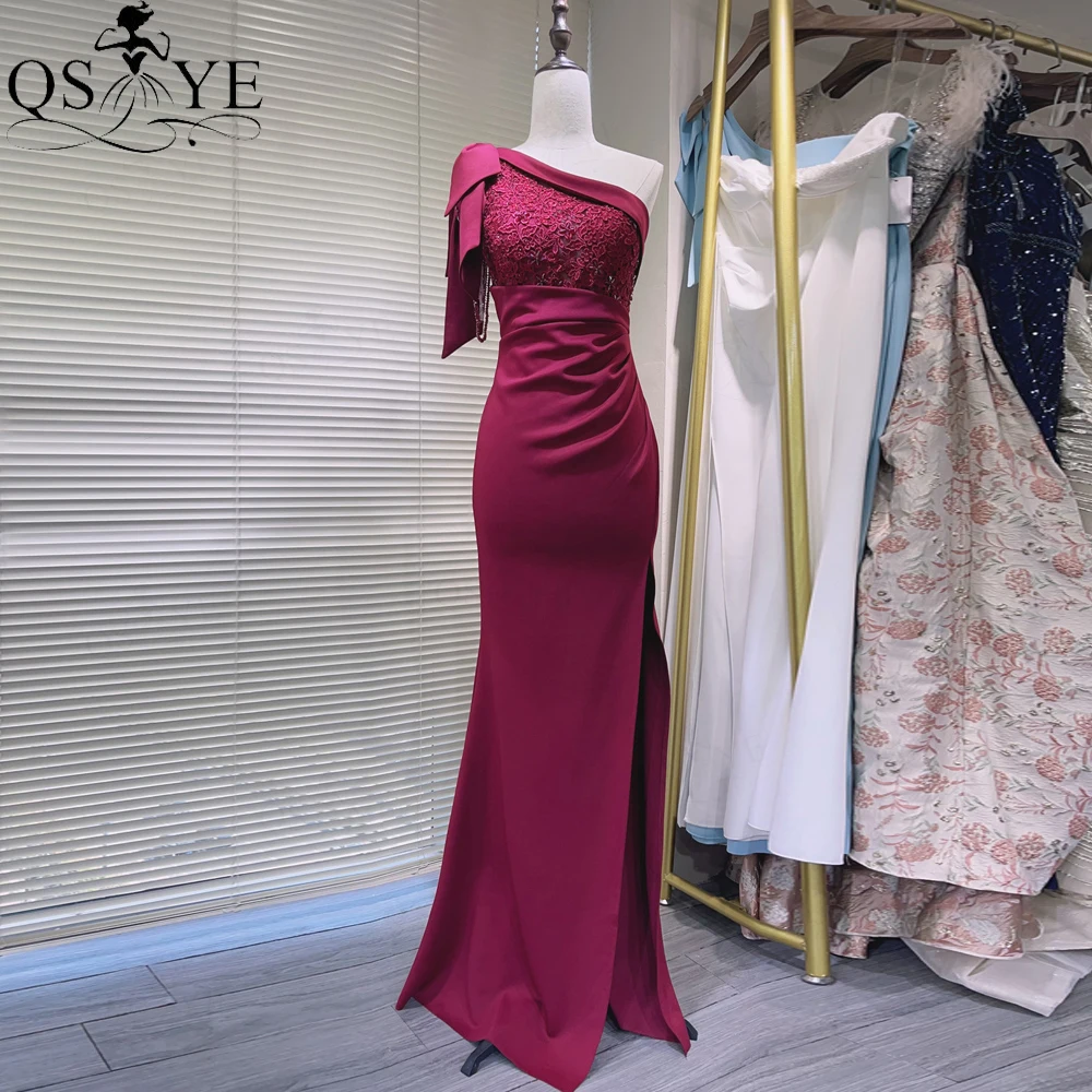 One Shoulder Dark Red Satin Prom Dress Slit Lace Bodice Ruched Women Evening Dress Beading One Strap Crystals Bridesmaid Dress
One Shoulder Dark Red Satin Prom Dress Slit Lace Bodice Ruched Women Evening Dress Beading One Strap Crystals Bridesmaid Dress