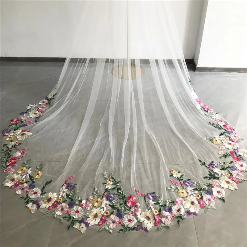 Colorful Floral Cathedral Wedding Bridal Veils With Comb Long Accessories Unique Brides Purple Yellow Pink Flowers Green Leaves
Colorful Floral Cathedral Wedding Bridal Veils With Comb Long Accessories Unique Brides Purple Yellow Pink Flowers Green Leaves