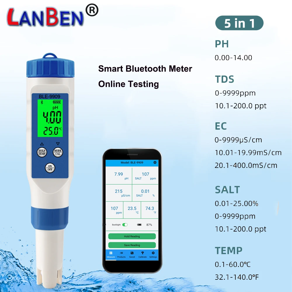 5 in 1 Water Quality Tester Pen Smart Bluetooth online pH Meter Digital TDS EC pH Salinity Temperature Meter for Aquariums
5 in 1 Water Quality Tester Pen Smart Bluetooth online pH Meter Digital TDS EC pH Salinity Temperature Meter for Aquariums