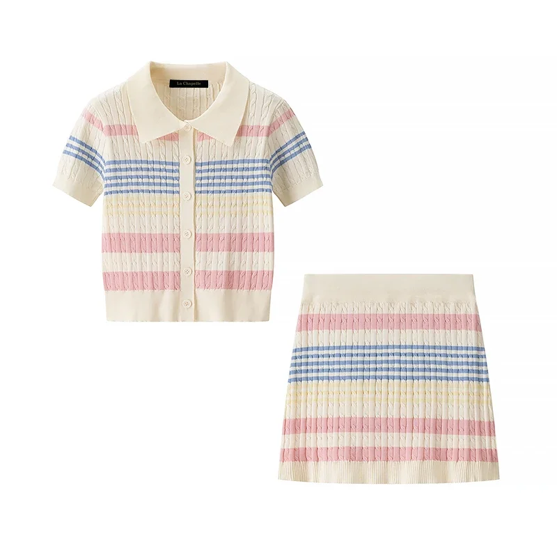 2025 New Summer Women Short Sleeve Single Breasted Short Tops + Color Striped Bodycon Short Skirts Knitted Two Piece Set Outfit
2025 New Summer Women Short Sleeve Single Breasted Short Tops + Color Striped Bodycon Short Skirts Knitted Two Piece Set Outfit