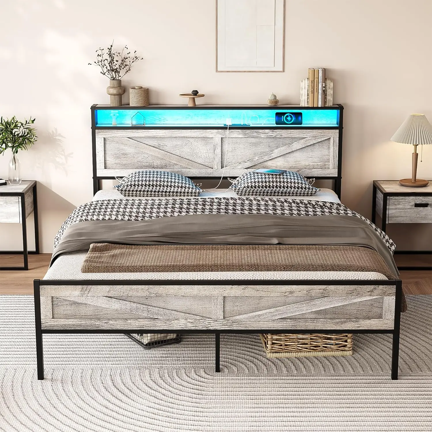 Full Size Bed Frame with Headboard and Charging Station, Wash Grey Platform Bed Frame with Led Light, No Box Spring, Customized
Full Size Bed Frame with Headboard and Charging Station, Wash Grey Platform Bed Frame with Led Light, No Box Spring, Customized