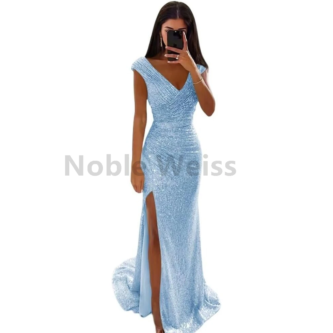 Sequin Mermaid Long Prom Dress V Neck Pleat Formal Evening Gown with Slit Customize
Sequin Mermaid Long Prom Dress V Neck Pleat Formal Evening Gown with Slit Customize